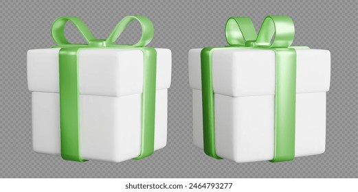 Gift boxes with ribbons, realistic 3d white boxes with green bows. Surprise gift isolated on grey background. Vector illustration.