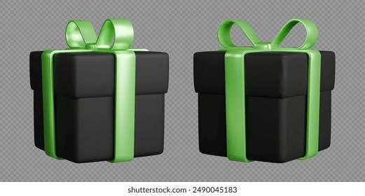 Cajas de regalo con cintas, cajas negras 3d realistas con lazos verdes. Sorpresa regalo aislado sobre fondo gris. Ilustración vectorial.