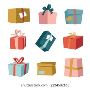 Gift boxes with ribbons. A set of gifts. Festive mood. Vector image.