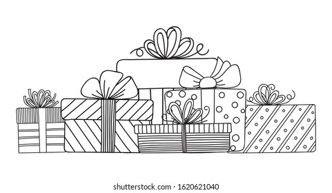 Gift boxes with ribbons set. Hand drawn doodle sketch. Isolated holiday items. Vector image.