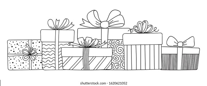 Gift boxes with ribbons set. Hand drawn doodle sketch. Isolated holiday items. Vector image.