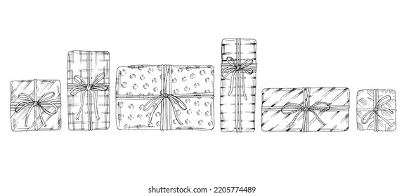 Gift boxes with ribbons set. Hand drawn doodle sketch. Isolated holiday items. Vector image.