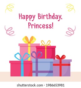 Gift boxes with ribbons stacked in a bunch. Happy birthday, princess. Greeting card for a girl, child, daughter, girlfriend, granddaughter. Garland, tinsel, presents isolated on white background.