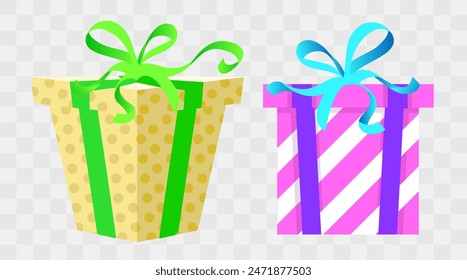Cajas de regalo con cintas. Ilustración vectorial sobre fondo transparente.