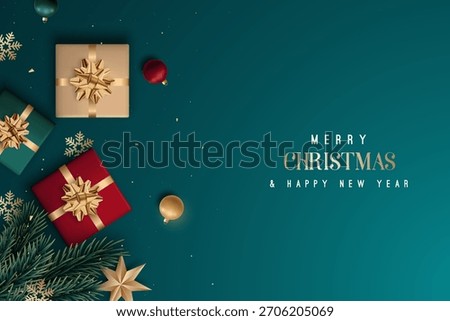 Gift boxes in rich colors with festive decorations on teal background create joyful atmosphere. Horizontal Christmas header for website template, flat top view.