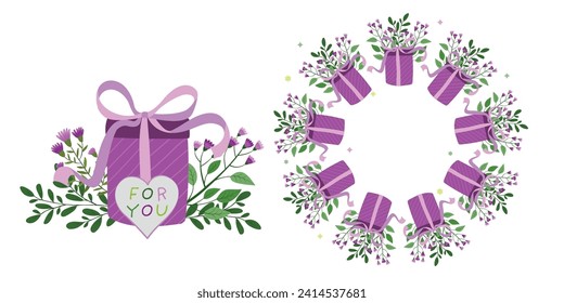 Caja de regalo de marco redondo. Decoración con flores