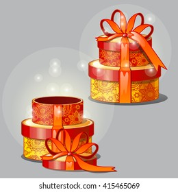 Gift boxes round shape tied with a red ribbon with a bow. Vector illustration.
