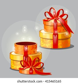 Gift boxes round shape tied with a red ribbon with a bow. Vector illustration.