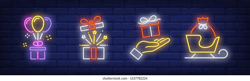 Gift boxes, sack in sleigh and balloons neon signs set. Christmas, New Year Day, celebration design. Night bright neon sign, colorful billboard, light banner. Vector illustration in neon style.
