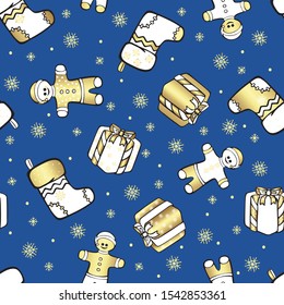 Gift boxes, Santa socks, Gingerbread cookies. Festive cartoon Christmas seamless pattern. Color vector on a blue background. Hand-drawing.
