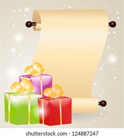 Gift boxes and scrolled paper