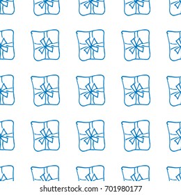 Gift boxes seamless background. Line, outline draw. Light Christmas background Vector illustration The theme of winter, new year, holiday for printing on fabrics, paper, covers, postcards, gift wrap
