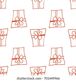 Gift boxes seamless background. Linear, outline art. Light Christmas background Vector illustration The theme of winter, new year, holiday for printing on fabrics, paper, covers, postcards, gift wrap