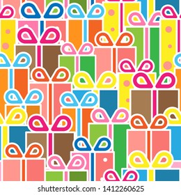 Gift boxes seamless pattern background, vector illustration.Colors of cute present paper wrapping cartoon design for wallpaper backdrop,package,print,paper,textile.