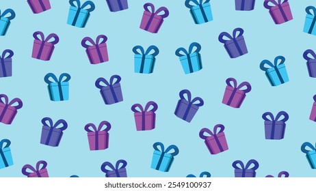 Gift boxes seamless pattern background. Cyan, blue, purple gift boxes motif with ribbons.