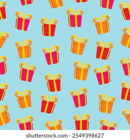 Gift boxes seamless pattern background. Red, orange, pink gift boxes motif with yellow ribbons