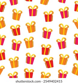 Gift boxes seamless pattern background. Red, orange, pink gift boxes motif with ribbons