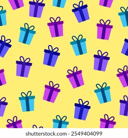 Gift boxes seamless pattern background with cyan, blue, purple gift boxes motif with ribbons