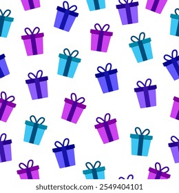 Gift boxes seamless pattern background. Cyan, blue, purple gift boxes present motif with ribbons