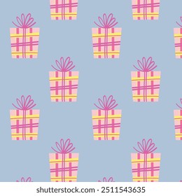 Gift boxes seamless pattern in blue color. Present pattern in flat style. Vector illustration.