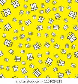 Gift boxes seamless pattern. Pattern gift box for fabric print, wrapping packag gift box paper. Yellow gift box with ribbon and bow. Vector illustration in outline style