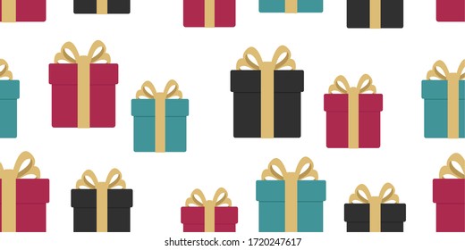 Gift boxes seamless pattern. Pattern gift box for fabric print, wrapping packag gift box paper in luxury colors with golden bows