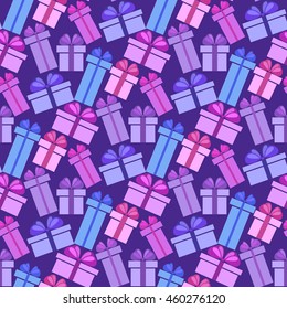 Gift boxes seamless pattern. Pattern gift box for fabric print, wrapping packag gift box paper. Blue, purple gift box with ribbon and bow. Vector gift box illustration stock vector.