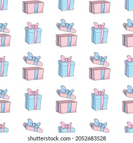 Gift boxes seamless pattern. Bright vector illustration. The concept of parties, celebrations and sales.