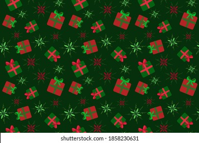 gift boxes seamless pattern, green and red wallpaper, christmas background, vector illustration