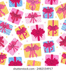 Gift boxes seamless pattern. Holidays Birthday or Christmas presents with silk bows endless design, wrapped gift boxes top view flat vector background illustration. Hand drawn gift boxes backdrop