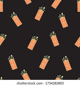 Gift boxes seamless pattern on black backgroung. Wrapping paper pattern for men. Brutal wrapping paper print.Gift boxes for birthday, christmas, x-mas celebration 