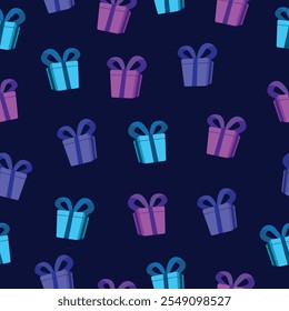 Gift boxes seamless pattern on dark blue background. Cyan, blue, purple gift boxes motif with ribbons.