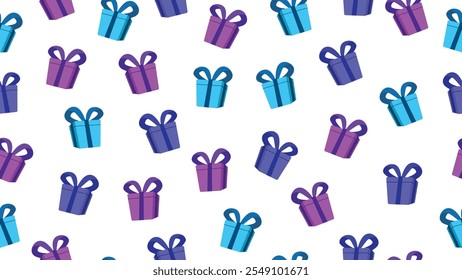 Gift boxes seamless pattern on white  background. Cyan, blue, purple gift boxes motif with ribbons.