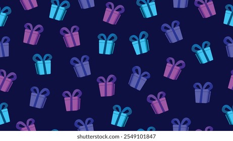 Gift boxes seamless pattern on dark blue background. Cyan, blue, purple gift boxes motif with ribbons.