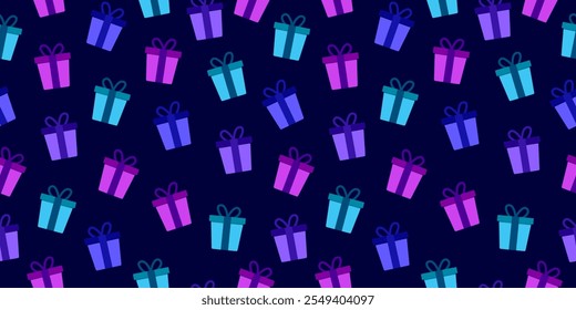 Gift boxes seamless pattern on dark blue background. Gift boxes motif with ribbons