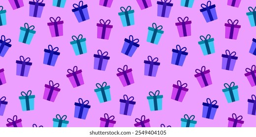 Gift boxes seamless pattern on light purple background. Gift boxes motif with ribbons vector illustration