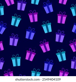 Gift boxes seamless pattern on dark blue background with cyan, blue, purple gift boxes motif with ribbons