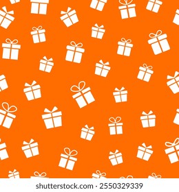 Gift boxes seamless pattern on orange background. Gift box motif fabric for birthday, package, present, wrap, surpise, shop