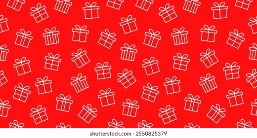 Gift boxes seamless pattern on red bakground. Gift box line motif wallpaper vector illustration
