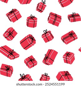 Gift boxes seamless pattern. Red presents with ribbon and bows on a white background. Vector illustration of various gift shapes in a minimalist, flat design. For holiday, birthday, and celebration.