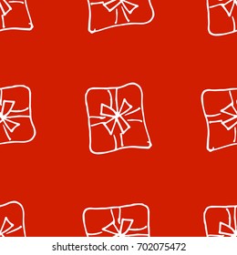Gift boxes seamless pattern red. Linear, outline art. Light Christmas background Vector illustration The theme of winter, new year, holiday for printing on fabrics, paper, covers, postcards, gift wrap