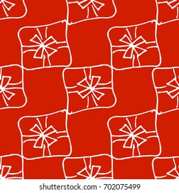 Gift boxes seamless pattern red. Linear, outline art. Light Christmas background Vector illustration The theme of winter, new year, holiday for printing on fabrics, paper, covers, postcards, gift wrap