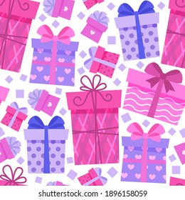 Gift boxes seamless pattern. Repeating holiday abstract pattern on a white background. 