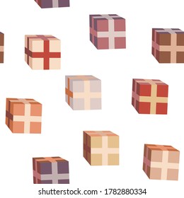 Gift boxes seamless pattern. Repetitive flat vector illustration of presents on transparent background. EPS 10.