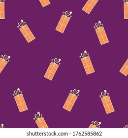 Gift boxes seamless pattern. Vector illustration. Unisex pattern. Wrapping paper print.Gift boxes for birthday, christmas, x-mas celebration. Orange gift boxes 