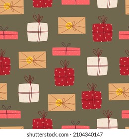 Gift boxes seamless pattern. Vector print flat cartoon style.