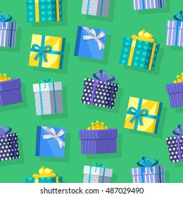 Gift boxes seamless pattern vector in flat design. Presents in various bright, striped, spotted boxes tied color ribbons on green background. Illustration for decoration, event management companies ad