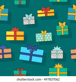 Gift boxes seamless pattern vector in flat design. Presents in various bright, striped, spotted boxes tied color ribbons on green background. Illustration for decoration, event management companies ad