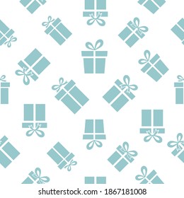 Gift boxes seamless pattern. White Christmas holiday vector illustration. New Year present texture concept.