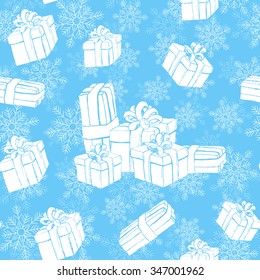 Gift boxes seamless pattern. White presents and snowflake on blue background. Winter holidays presents. Vector illustration